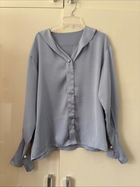 Light Blue Satin Button-Front Blouse with Pearl Detail